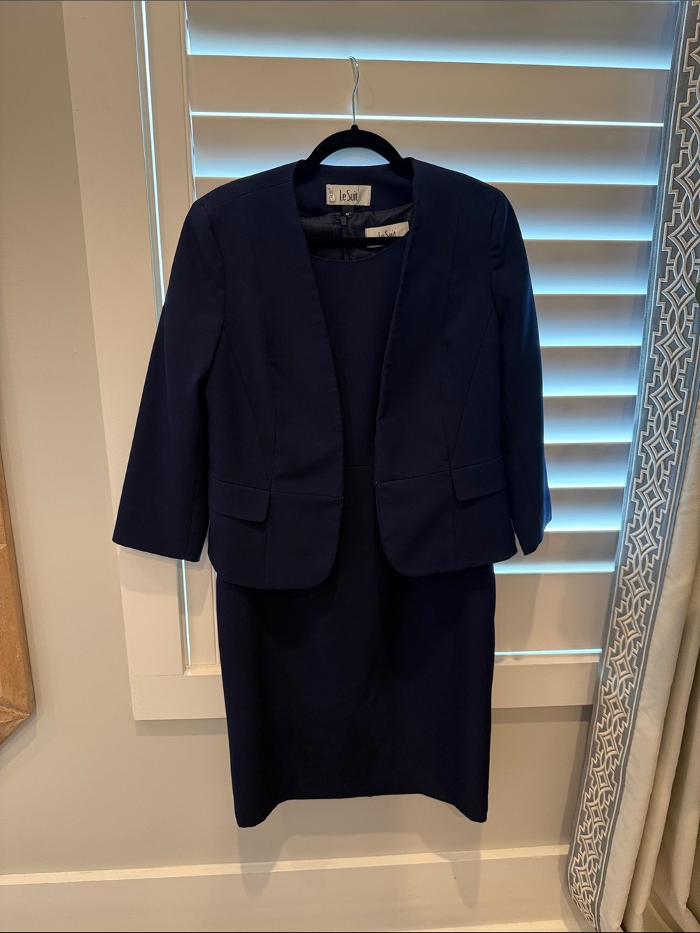 Le Suit Navy Two-Piece Jacket and Sheath Dress Set